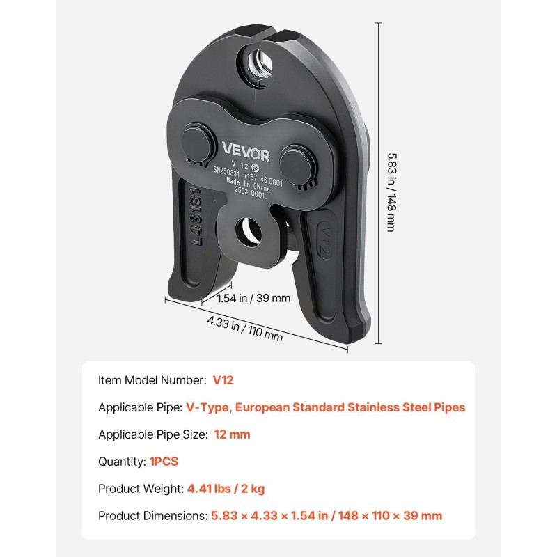 Puristusleuka 12 mm V-tyyppi sementoitua terästä ruostumattomille putkille 1 kappale