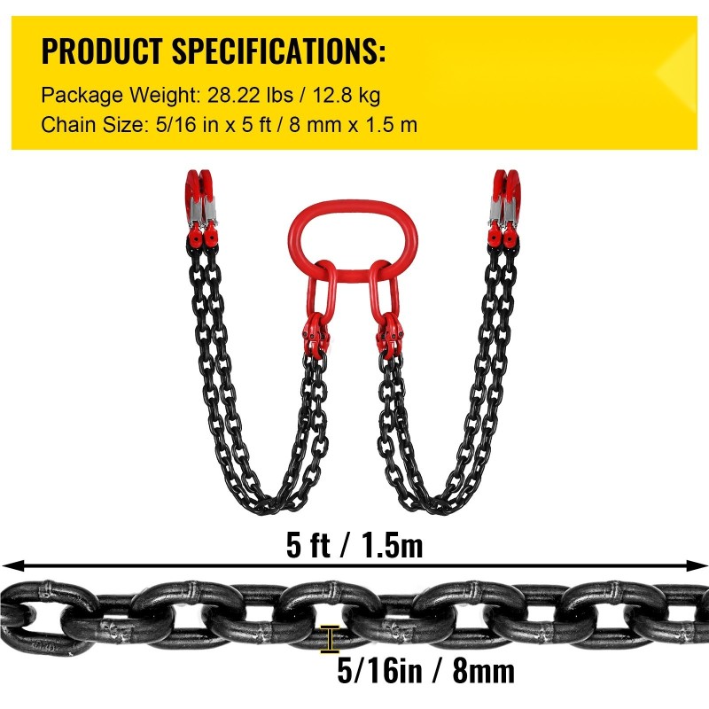 Nostoketju G80 luokan teräksinen 8 mm 150 cm 5000 kg neljä koukkua