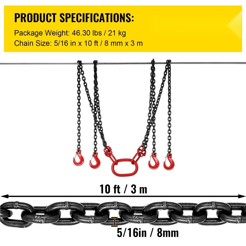 Neljalkainen G80 seosteräksinen 8 mm nostoketju 300 cm 5 t lukittavat koukut
