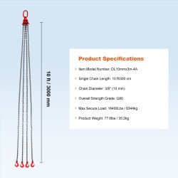 Teräsnostoketju G80 10 mm 300 cm nelijalkainen jousilukitteisilla koukuilla 8344 kg