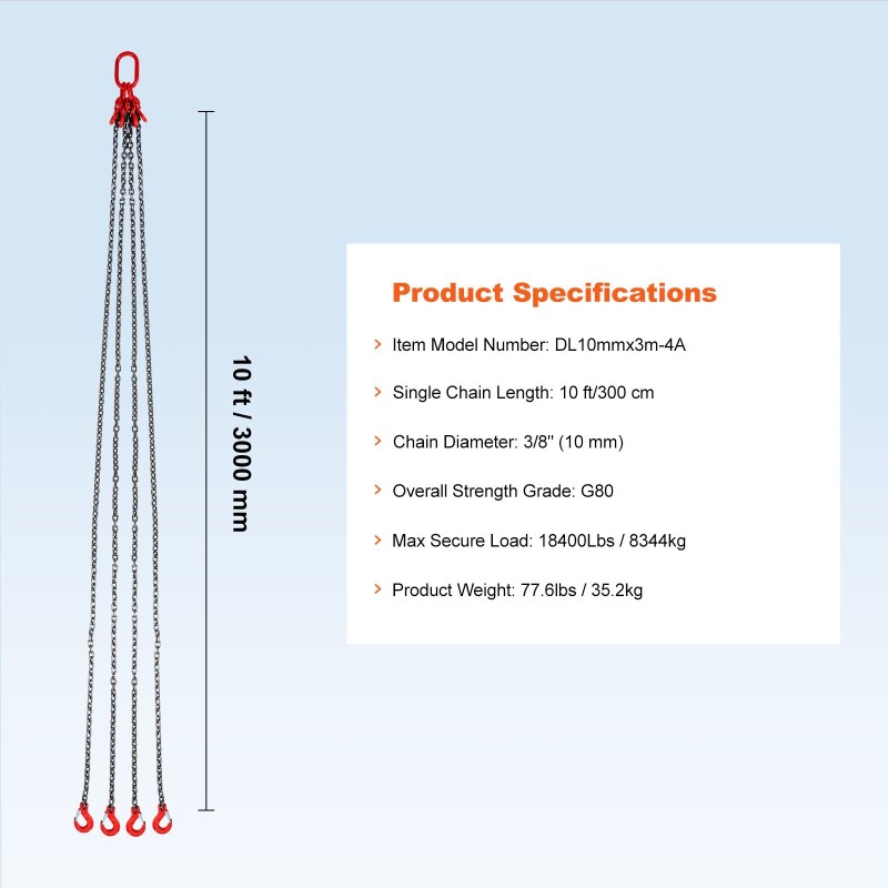 Teräsnostoketju G80 10 mm 300 cm nelijalkainen jousilukitteisilla koukuilla 8344 kg