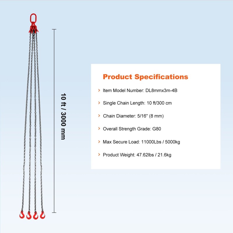 Nelijalkainen nostoketju G80 teräs 8 mm 300 cm 5000 kg jousilukolliset koukut