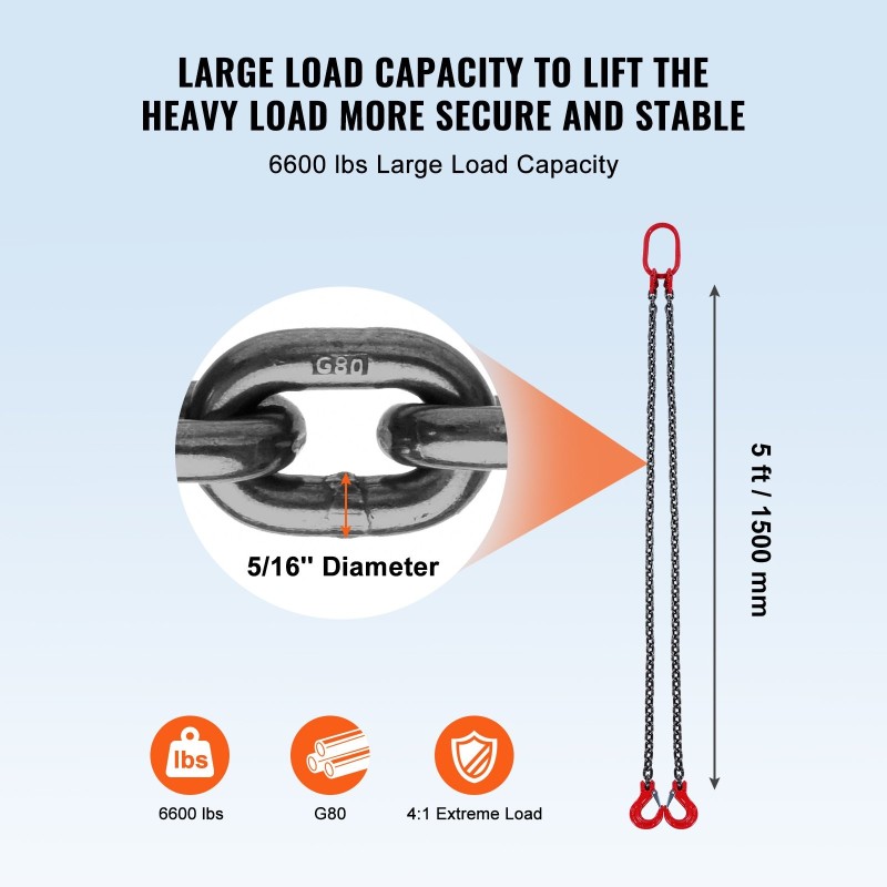Teräsnostoketju 2-jalkainen 8 mm 150 cm G80 jousisalvakoukuilla 2993 kg