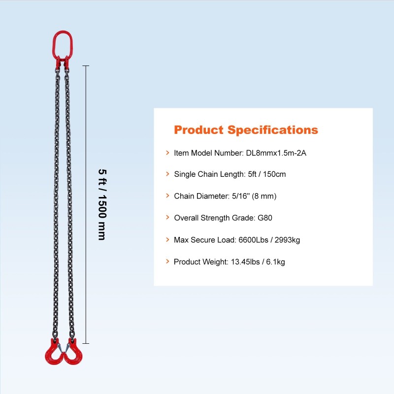 Teräsnostoketju 2-jalkainen 8 mm 150 cm G80 jousisalvakoukuilla 2993 kg