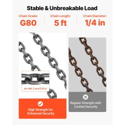 4-haarainen nostoketju 6,3 mm 1,5 m G80-seosteräksinen 2993 kg säädettävä koukut turvasalvoilla