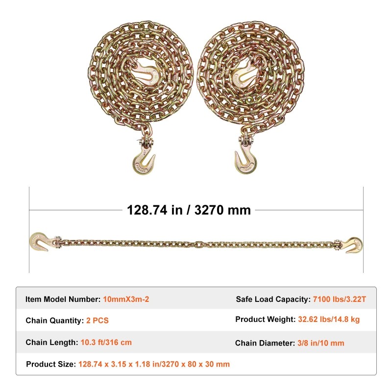 Sidontaketju G80 10 mm 316 cm 2 kpl seosteräksiset tartuntakoukut