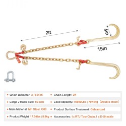 V-mallinen lujuusluokan G80 hinausketju mangaaniteräs 10 mm kahdella 60 cm haaralla galvanoitu