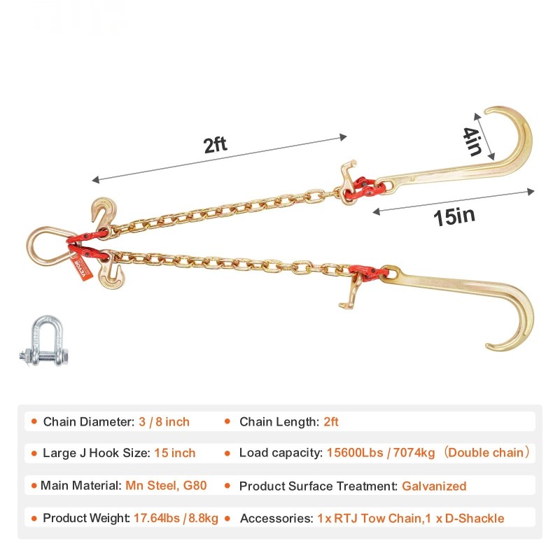 V-mallinen lujuusluokan G80 hinausketju mangaaniteräs 10 mm kahdella 60 cm haaralla galvanoitu