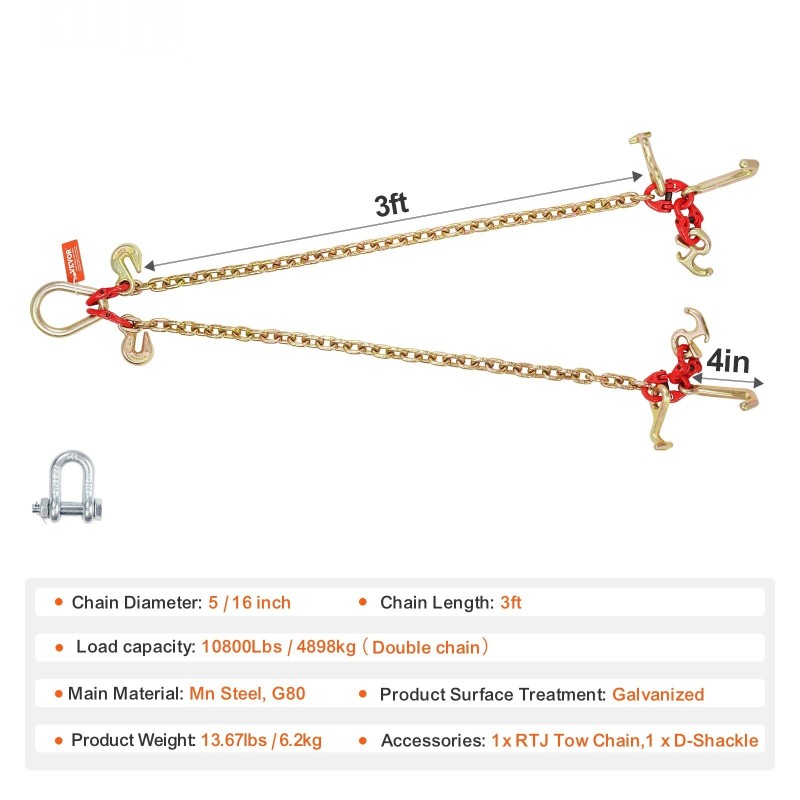 V-muotoinen vetoketju G80-luokan mangaaniteräs 8 mm 90 cm galvanoitu monikoukkuinen 4898 kg