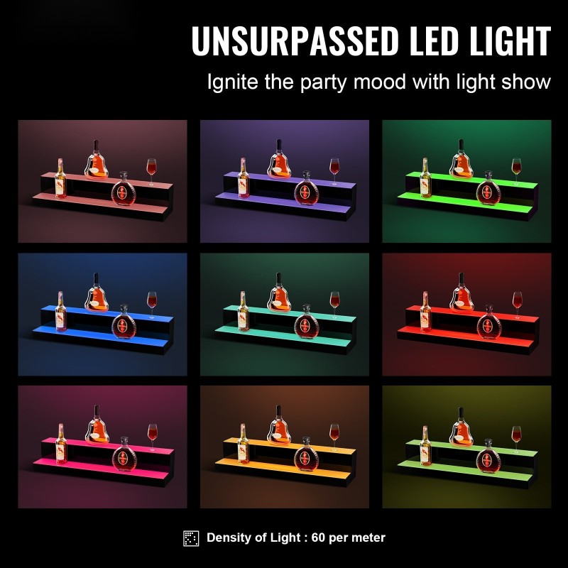 Akryylinen kaksitasoinen pulloteline 761 mm LED-valaistu RF-kaukosäädin sovellusohjaus