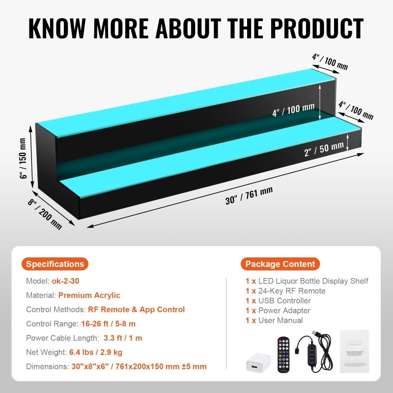 Akryylinen kaksitasoinen pulloteline 761 mm LED-valaistu RF-kaukosäädin sovellusohjaus