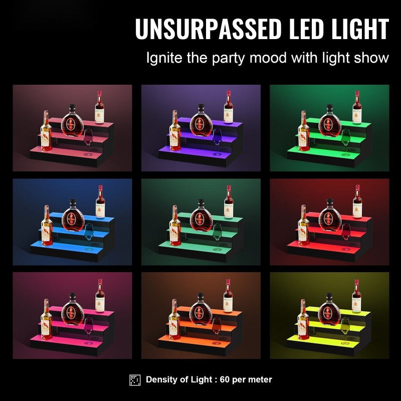 Akryylinen 3-portainen LED-pulloteline 40 cm monivärivaloilla RF ja sovellusohjaus