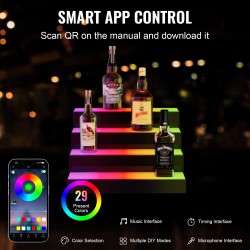 Akryylinen 3-portainen LED-pulloteline 40 cm monivärivaloilla RF ja sovellusohjaus