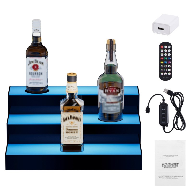 Akryylinen 3-portainen LED-pulloteline 40 cm monivärivaloilla RF ja sovellusohjaus