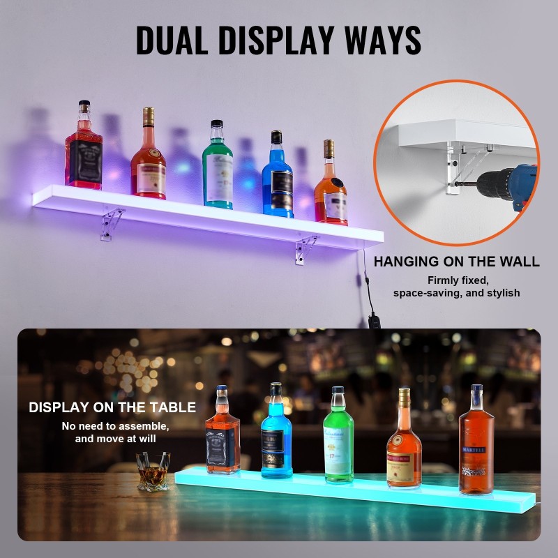 LED-valaistu akryylinen 1-portainen pulloteline 1016 mm seinälle tai pöydälle