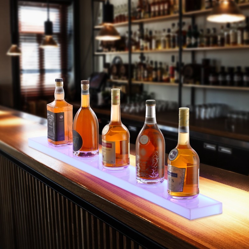 LED-valaistu akryylinen 1-portainen pulloteline 1016 mm seinälle tai pöydälle