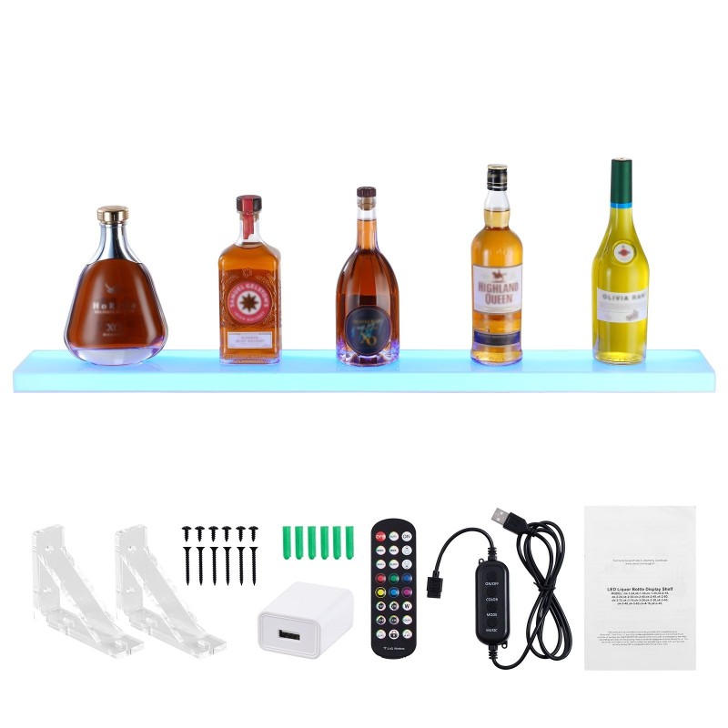 LED-valaistu akryylinen 1-portainen pulloteline 1016 mm seinälle tai pöydälle