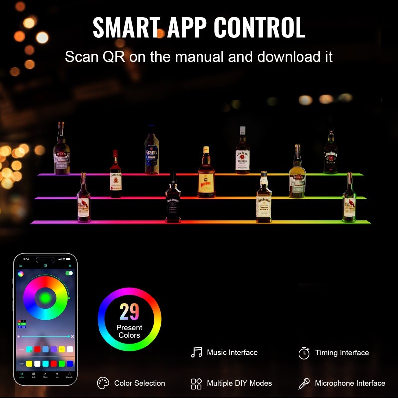 Akryylinen pulloteline 152,4 cm 3-portainen monivärinen LED-valaistus radiokaukosäädin sovellusohjaus