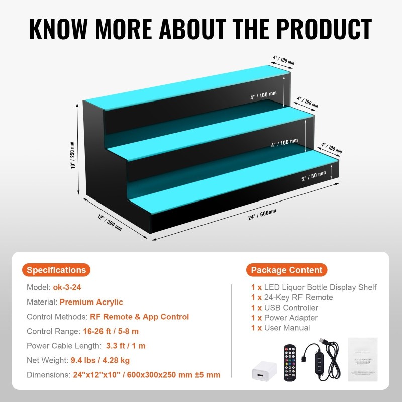 Valaistu akryylinen pulloteline 3-portainen 600x300x250 mm monivärinen valaistus kaukosäätimellä ja sovellusohjauksella