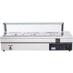 Työpöytämallinen sähköinen ruokalämmitin kolme 12 qt astiaa karkaistulla lasisuojalla ruostumattoteräskansilla