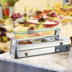 Työpöytämallinen sähköinen ruokalämmitin kolme 12 qt astiaa karkaistulla lasisuojalla ruostumattoteräskansilla