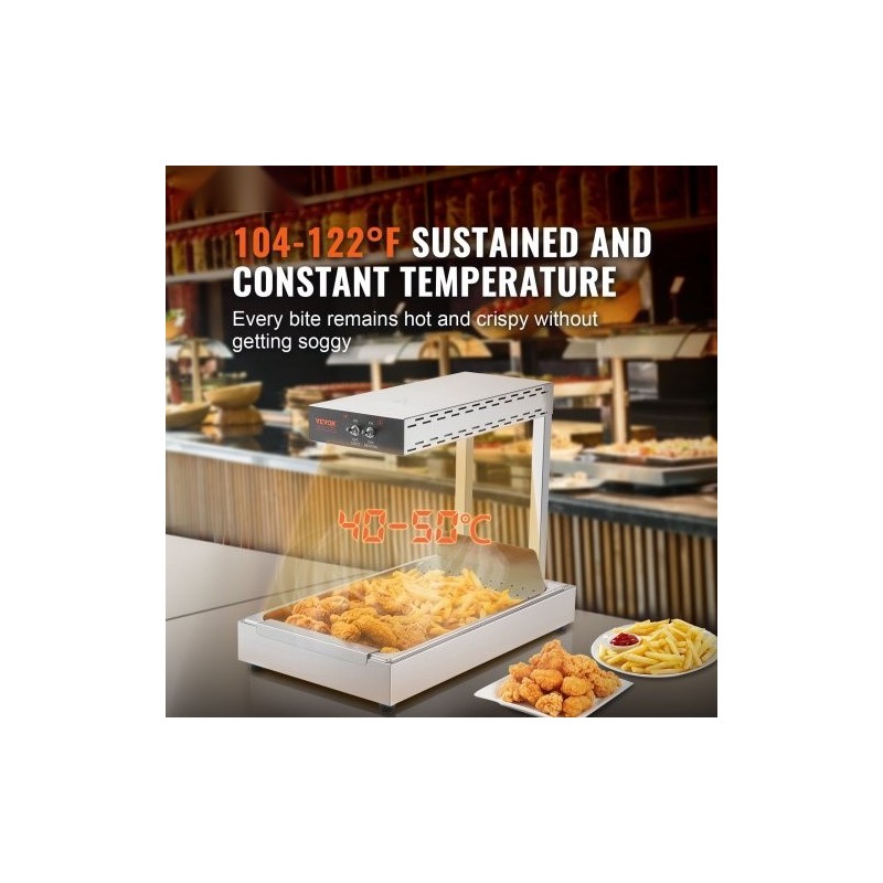 Lämpölamppu ranskanperunoille ruostumatonta terästä 750 watin teho 40–50 celsiusastetta pöytämalli