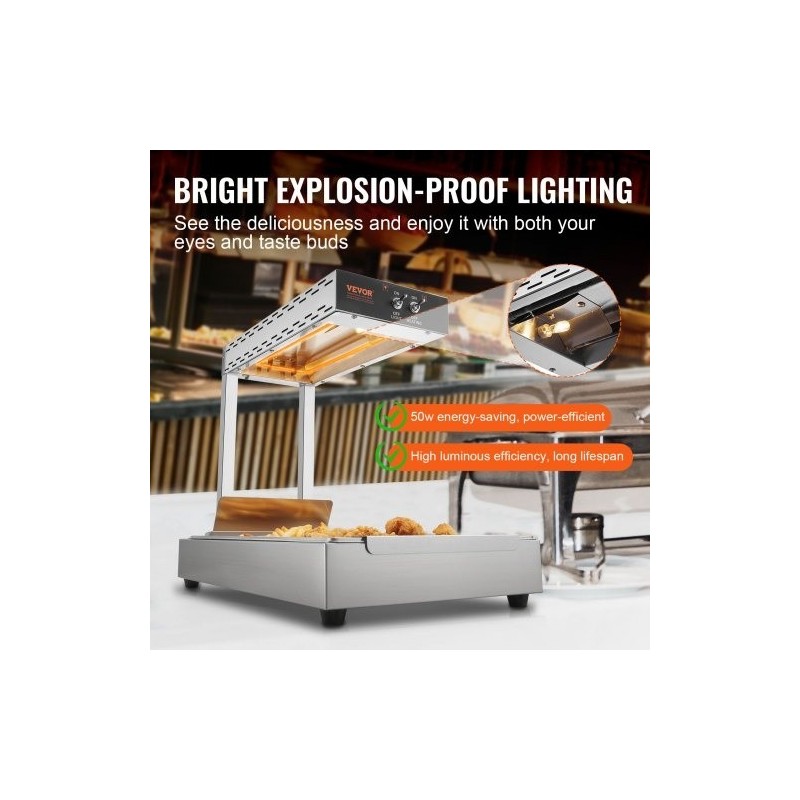 Lämpölamppu ranskanperunoille ruostumatonta terästä 750 watin teho 40–50 celsiusastetta pöytämalli