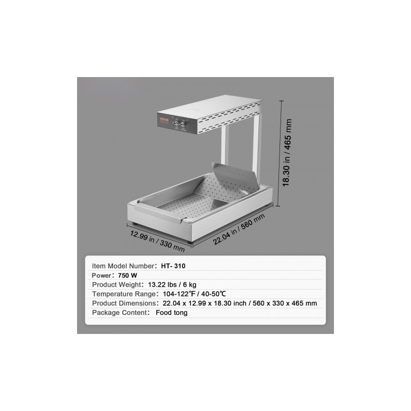 Lämpölamppu ranskanperunoille ruostumatonta terästä 750 watin teho 40–50 celsiusastetta pöytämalli