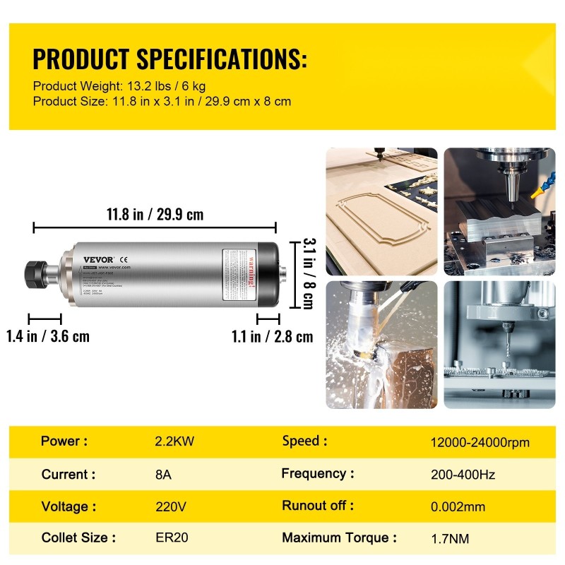 Ilmakylmä karamoottori 2,2 kW ER20 220 V neljällä laakerilla CNC-jyrsintään