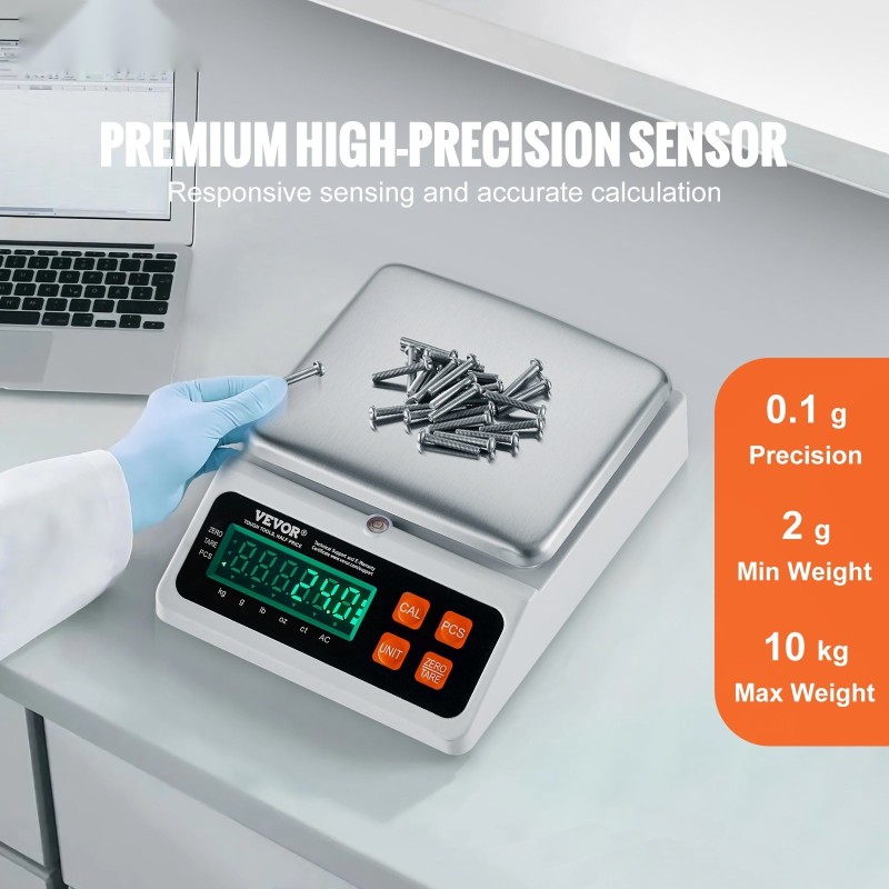 Teollinen laskentavaaka 10 kg 0,1 g ruostumaton teräsalusta osille ja kolikoille