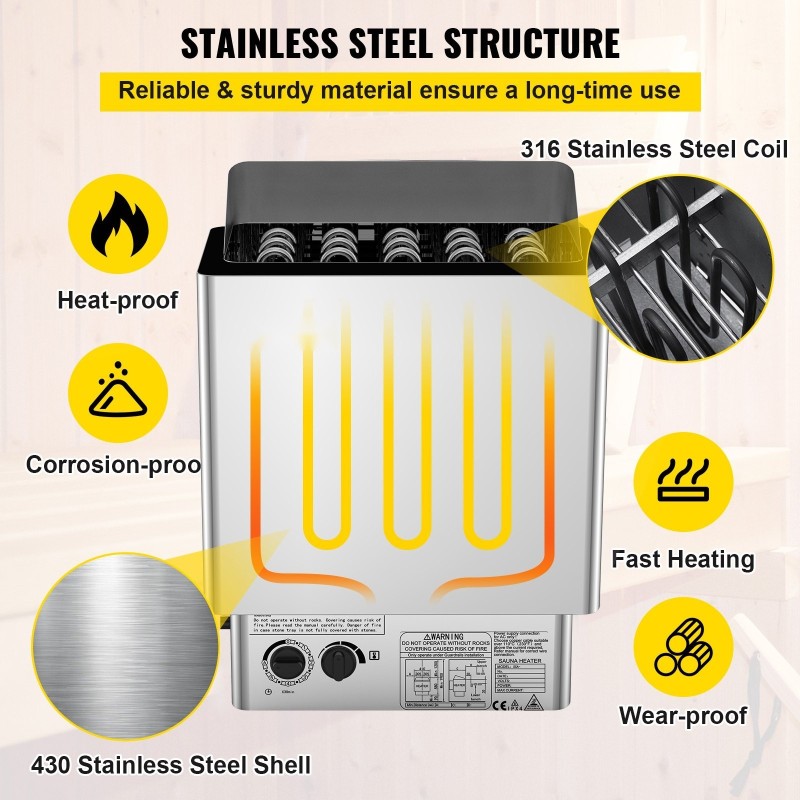 Sähkökiuas 9 kilowattia 380–415 volttia seinäasennettava ruostumaton teräs kuiva- ja märkäsaunaan