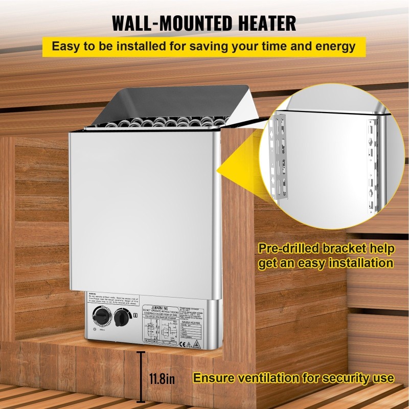 Sähkökiuas 9 kilowattia 380–415 volttia seinäasennettava ruostumaton teräs kuiva- ja märkäsaunaan