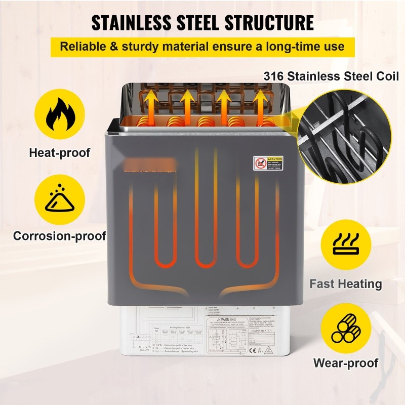Seinäasenteinen sähköinen kuivasaunankiukas 9 kW 9–13 m³ ulkoisella ohjaimella 430 ruostumatonta terästä