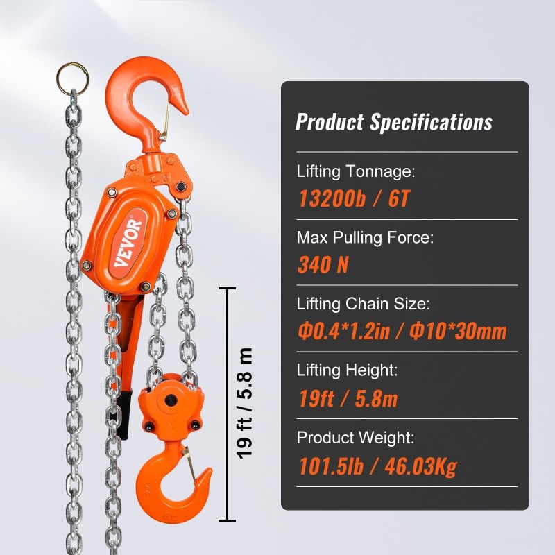 Manuaalinen vipuketjunostin 6t G80-galvanoitu hiiliteräs 6,1m 360° kääntyvä koukku Weston-kaksiratasjarru