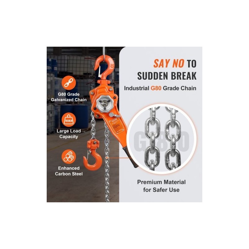 Vipuketjutalja 748 kg G80-luokan galvanoitu hiiliteräsketju 3,1 m Weston-kaksoiskynsijarru 360 asteen koukku