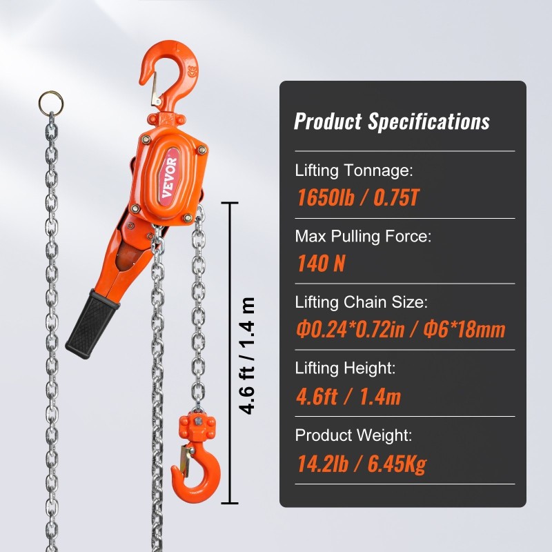 Manuaalinen viputaljaketjunostin 0,75 t 748 kg G80 galvanoitu ketju 1,5 m seosteräsrunko