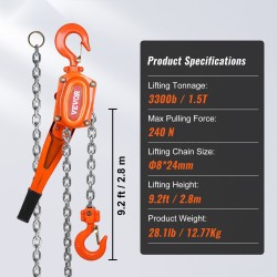Käsikäyttöinen viputalja seosteräsrunko G80-luokan galvanoitu ketju 1,5 t Westonin kaksoiskynsijarru 3,1 m