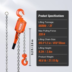 Käsikäyttöinen ketjunostin 3 t seosteräsrunko galvanoitu hiiliteräsketju 3,1 m 360 asteen koukku