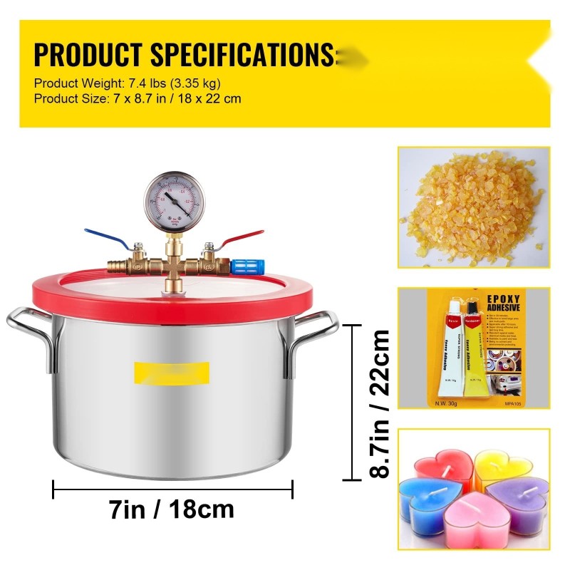 Tyhjiökammio 5,7 l 304-ruostumatonta terästä lasikannella silikonitiivisteellä epoksihartseihin ja silikoneihin