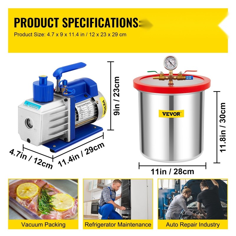 Tyhjiökammio ja tyhjiöpumppu 18,9 L ruostumatonta terästä 5 CFM 1/3 hv