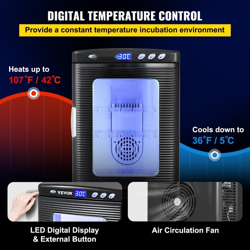 Matelijainkubaattori 25 L termostaattinen digitaalinen 5–42 °C läpinäkyvällä PVC-ovella