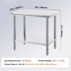 Ruostumattomasta teräksestä valmistettu työtaso 900×600×800 mm säädettävällä alahyllyllä ammattikäyttöön