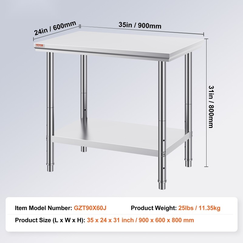 Ruostumattomasta teräksestä valmistettu työtaso 900×600×800 mm säädettävällä alahyllyllä ammattikäyttöön