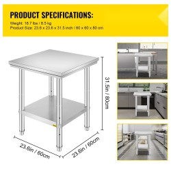 Työtaso ruostumattomasta teräksestä 600 x 600 x 800 mm alahyllyllä ammattikeittiöön