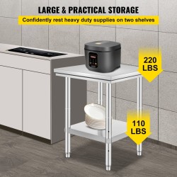 Työtaso ruostumattomasta teräksestä 600 x 600 x 800 mm alahyllyllä ammattikeittiöön