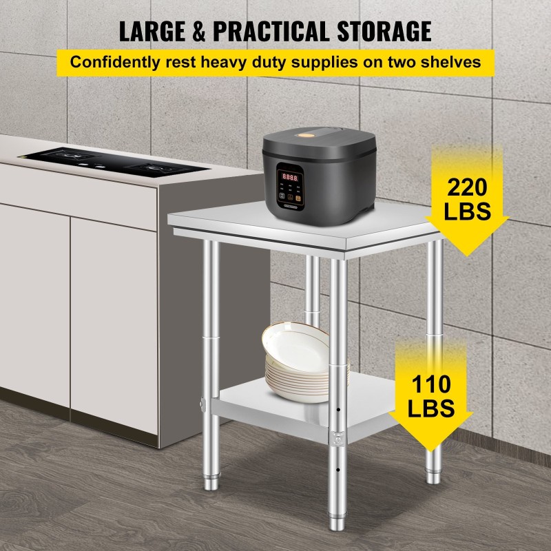 Työtaso ruostumattomasta teräksestä 600 x 600 x 800 mm alahyllyllä ammattikeittiöön