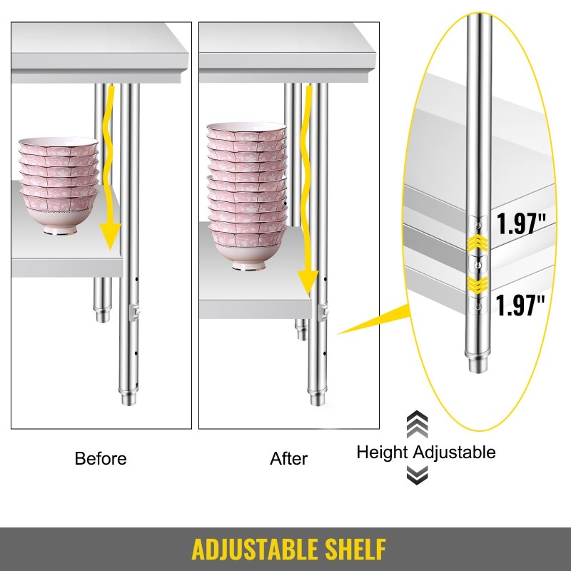 Ruostumaton teräksinen valmistelupöytä 60x76x80 cm NSF-sertifioitu korkeussäädettävä alahylly säädettävät jalat 700 paunaa
