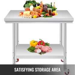 Ruostumaton teräs esivalmistelupöytä 760 x 600 x 850 mm säädettävällä välitasolla pyörillä