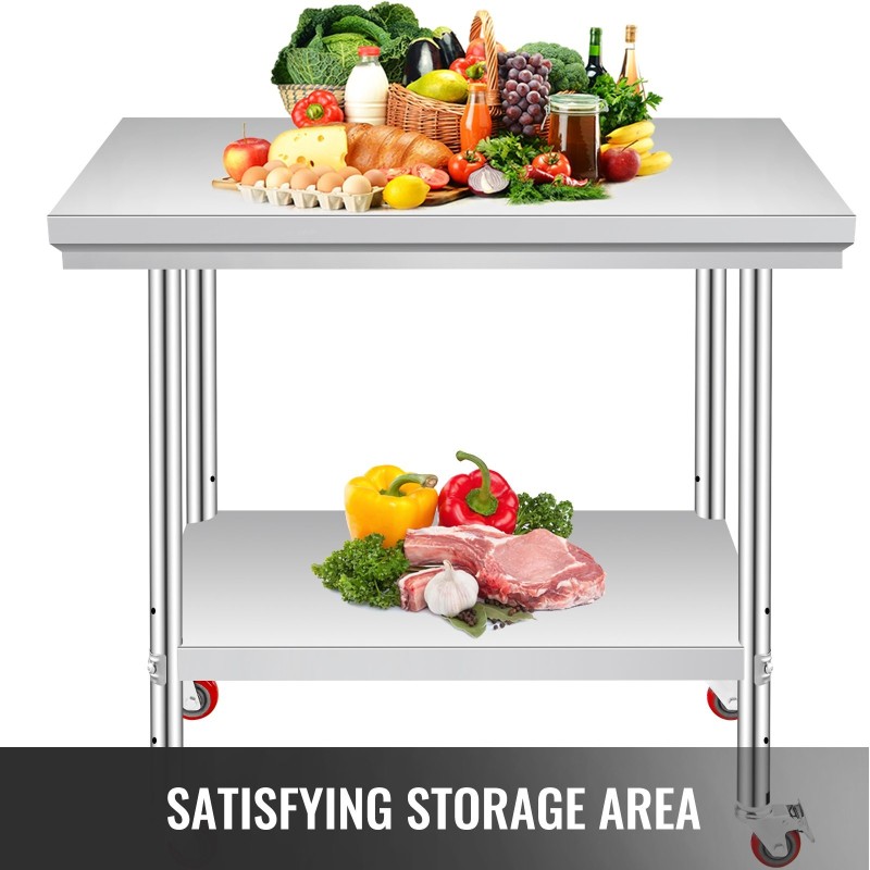 Ruostumaton teräs esivalmistelupöytä 760 x 600 x 850 mm säädettävällä välitasolla pyörillä