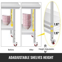 Ruostumaton teräs esivalmistelupöytä 760 x 600 x 850 mm säädettävällä välitasolla pyörillä